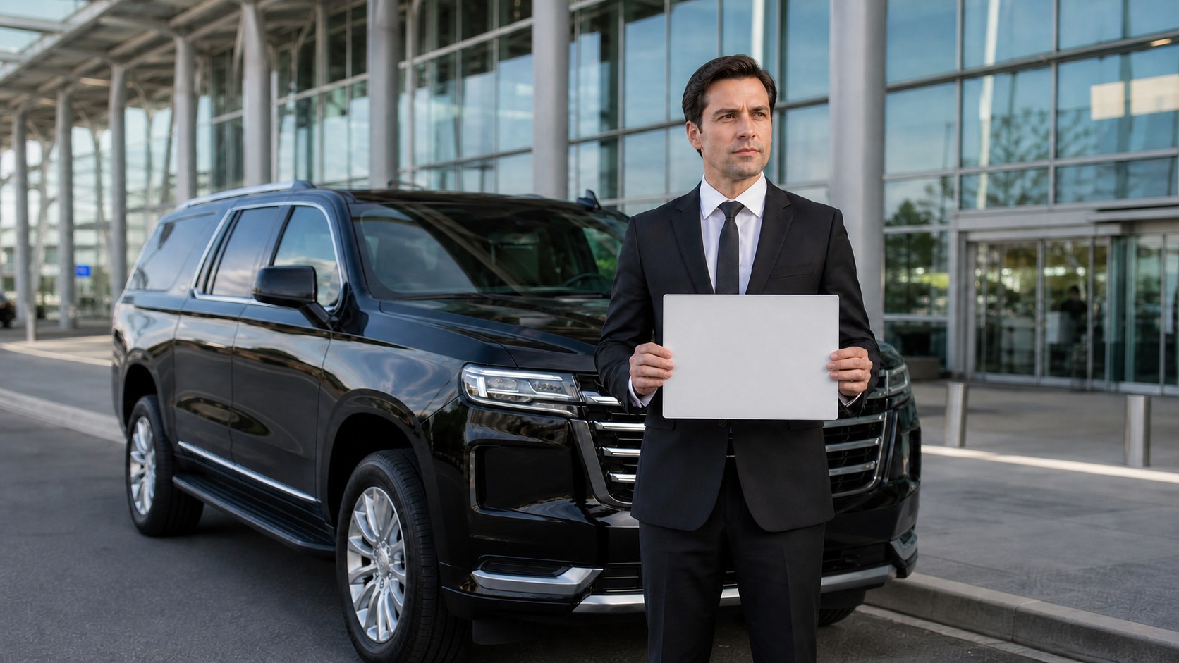 Chauffeur standing beside a black executive SUV at an airport terminal
