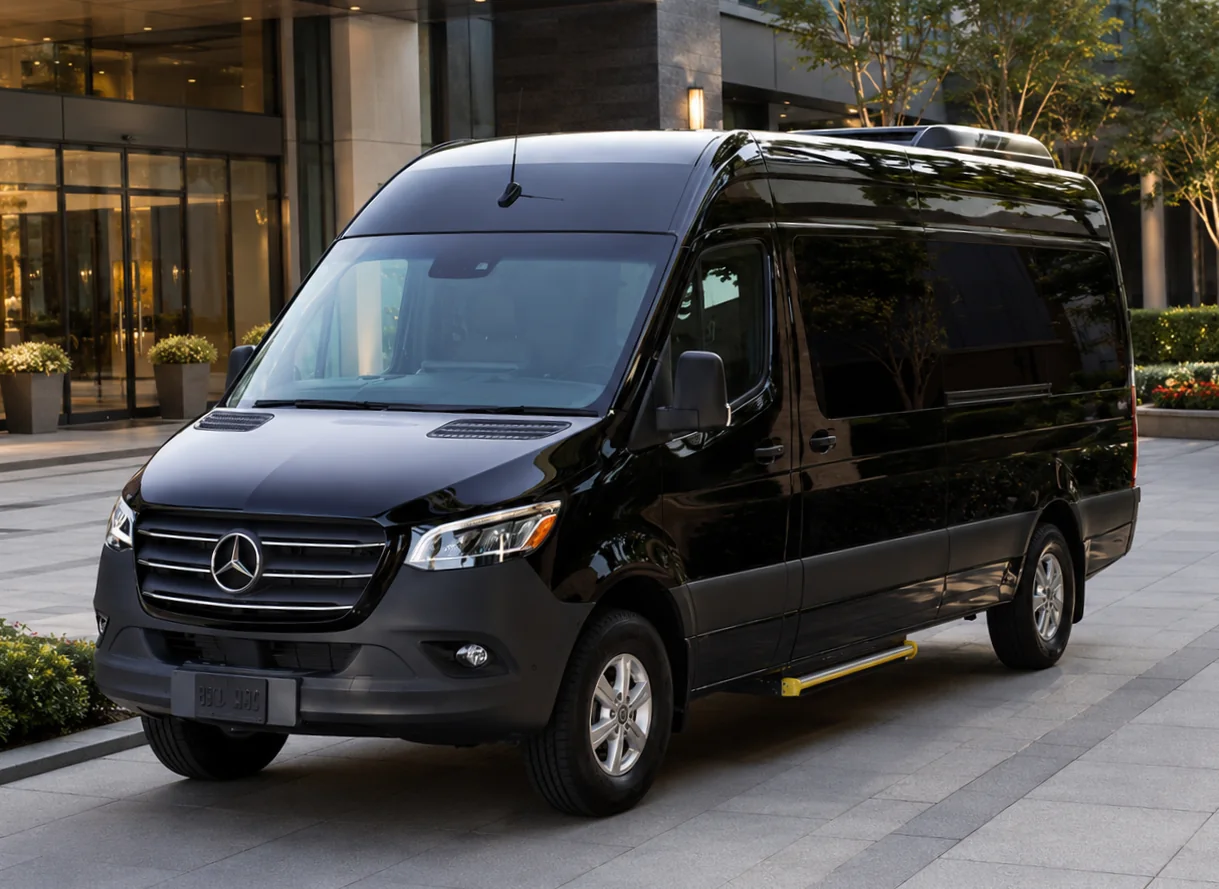 Black Mercedes-Benz Sprinter passenger van
