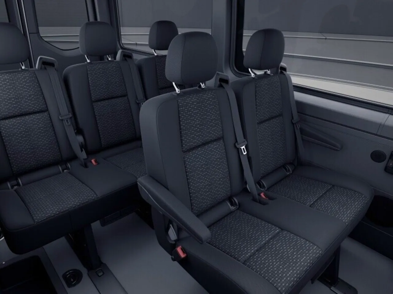 Representative Mercedes-Benz Sprinter passenger seats with armrests and seatbelts